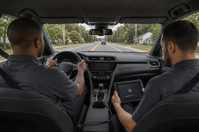 View from the back seat of a car on a suburban road: the passenger holds a tablet connected by cable to the vehicle while the driver steers