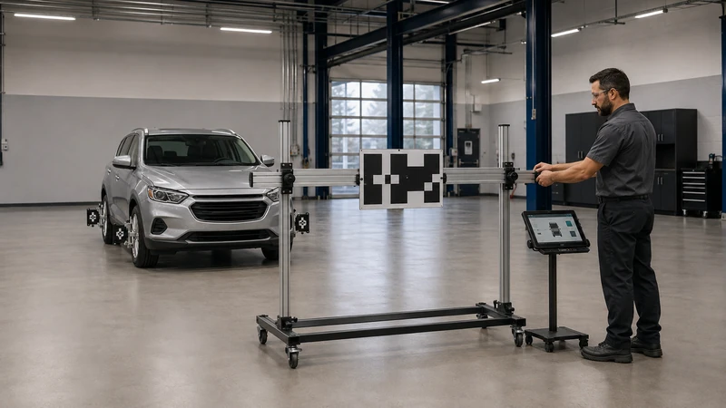 A technician adjusts a calibration frame holding a patterned target board in front of a silver SUV on an open, level shop floor
