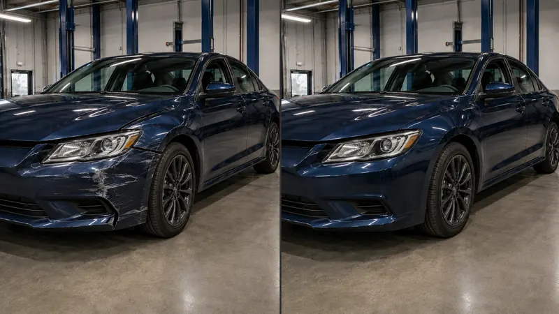 The same navy sedan photographed twice side by side: the front corner crumpled on the left, fully repaired on the right
