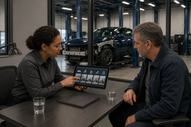A shop advisor showing a customer the repair stages on a tablet, with the workshop visible through a glass wall behind them