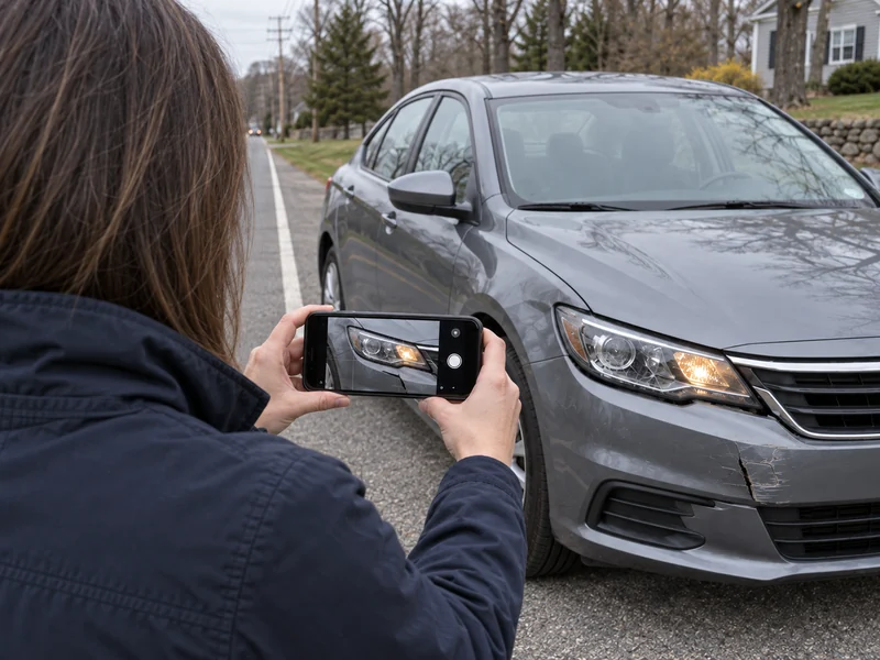 Over-the-shoulder view of a person photographing a damaged front bumper with a smartphone at the roadside