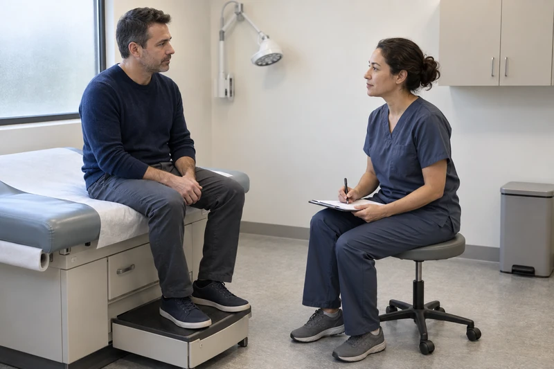 An adult in everyday clothes sits on the edge of an examination table, talking with a clinician who is taking notes