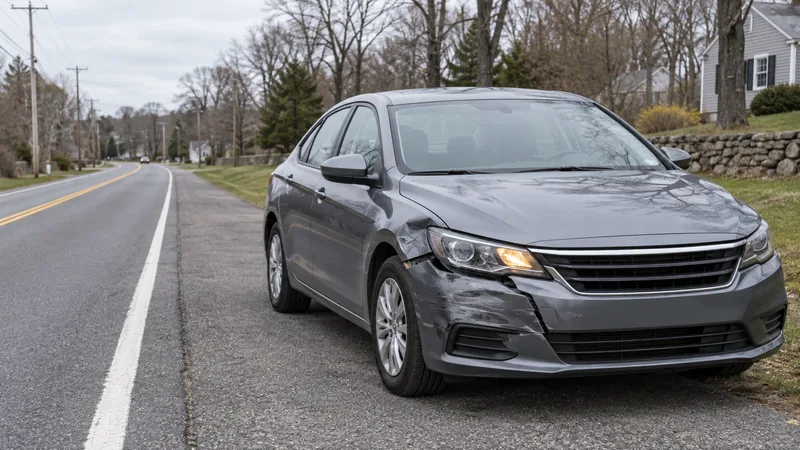 A grey sedan with a damaged front corner pulled onto the shoulder of a quiet suburban road, its lights on