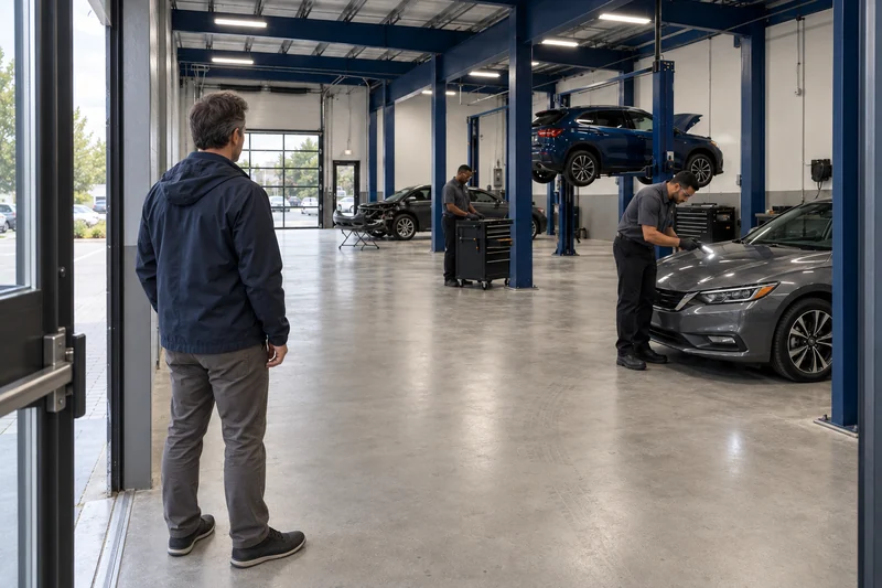 A person in everyday clothes stands inside an open bay door, looking down the main aisle of a collision repair shop