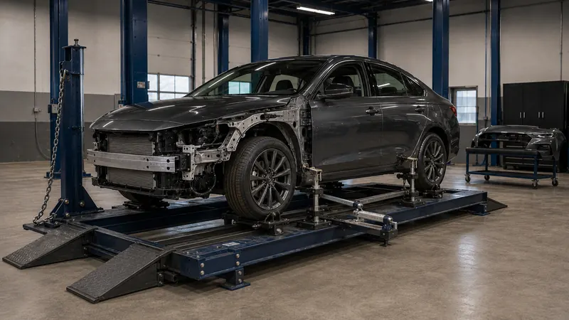 A grey sedan anchored on a frame straightening bench, clamped at the pinch welds, its front end partly stripped