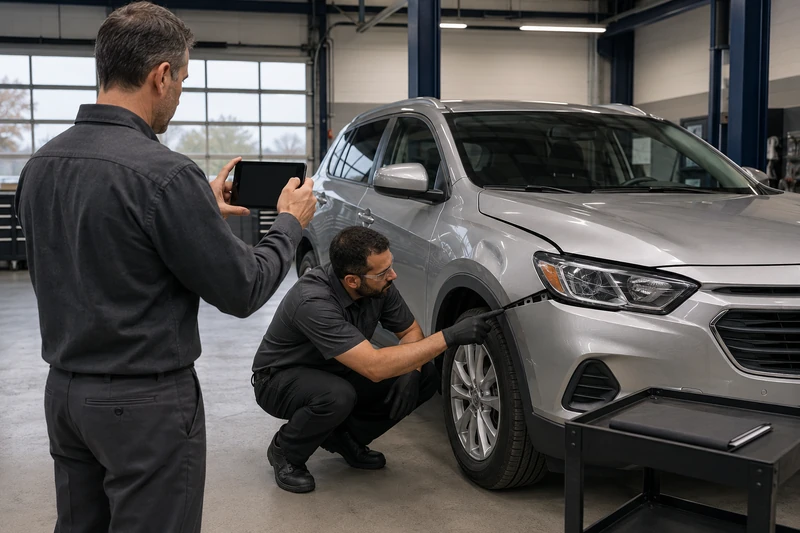 Two people in charcoal work shirts examine damage at the front of a silver SUV, one photographing it with a tablet while the other points at the fender