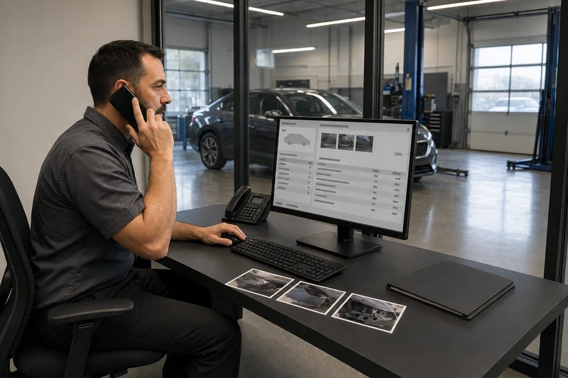 A service advisor on the phone at a desk in a glass-walled office, a repair file open on the monitor and the repair bays behind the glass