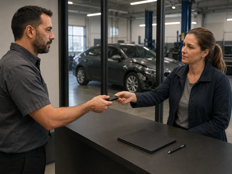 A customer hands car keys across a front counter to a service advisor, with the repair bays visible through the glass behind them