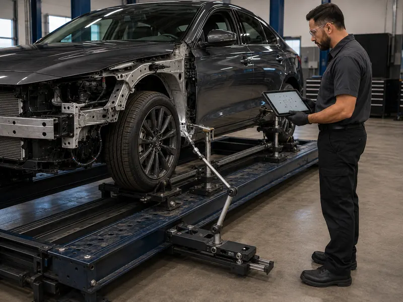 Technician reading a measurement diagram on a tablet beside a vehicle mounted on a measuring bench
