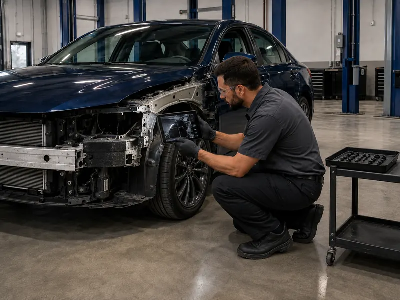 Technician documenting exposed front-end structure on a tablet, beside a sedan with the bumper removed