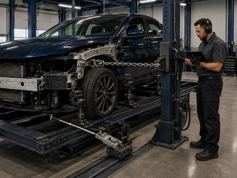 Technician watching a tablet while a sedan sits anchored to a frame bench with a chain under tension