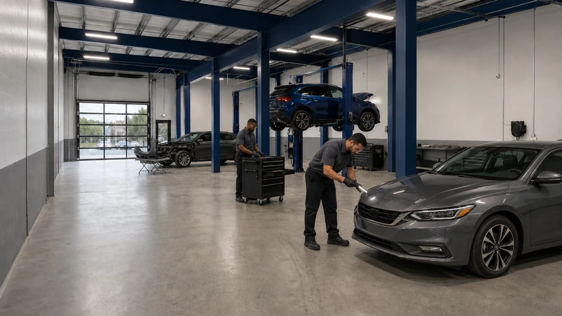 Wide view of a collision repair shop interior with navy columns, a vehicle raised on a lift and two technicians at work along the bays